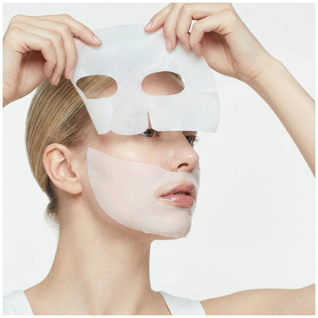Applying Biodance bio collagen sheet mask with two-piece design on face