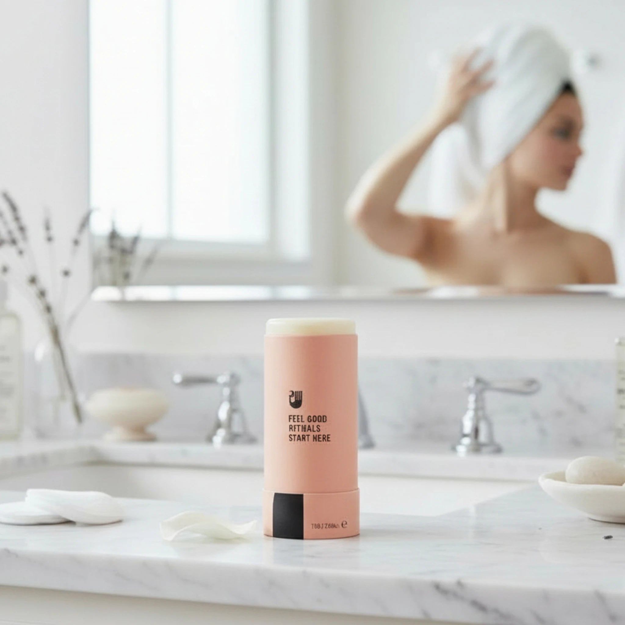 Papermoon unscented clean deodorant on bathroom counter with mirror and towel background