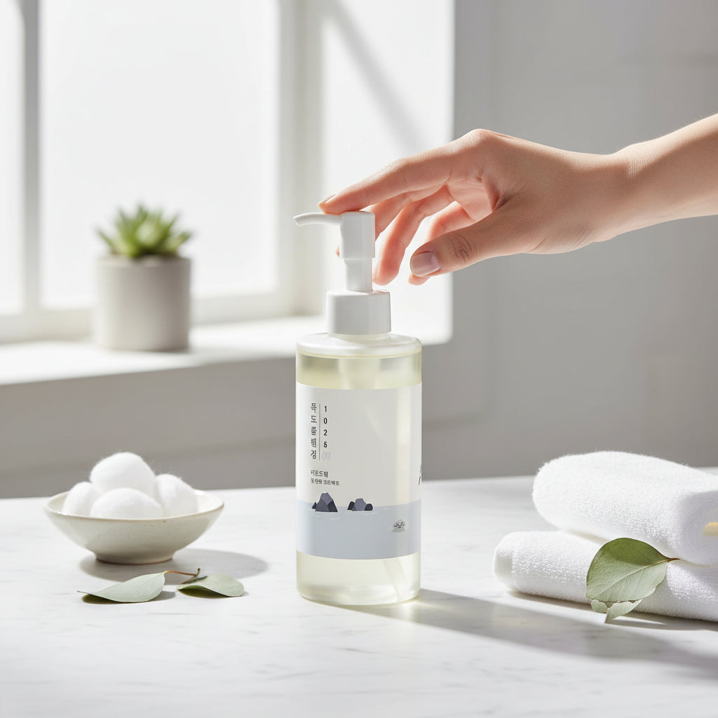 Hand pressing pump of Round Lab 1025 Dokdo Cleansing Oil 200ml on marble counter with cotton pads