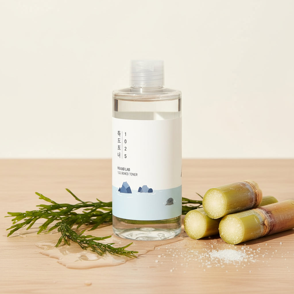 Round Lab 1025 Dokdo Toner lifestyle image with algae and sugar cane for gentle hydration