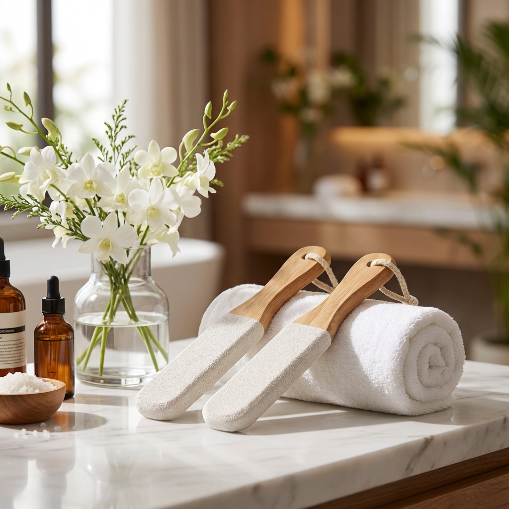Bamboo foot smoothers styled in a bathroom wellness setting with towels and oils