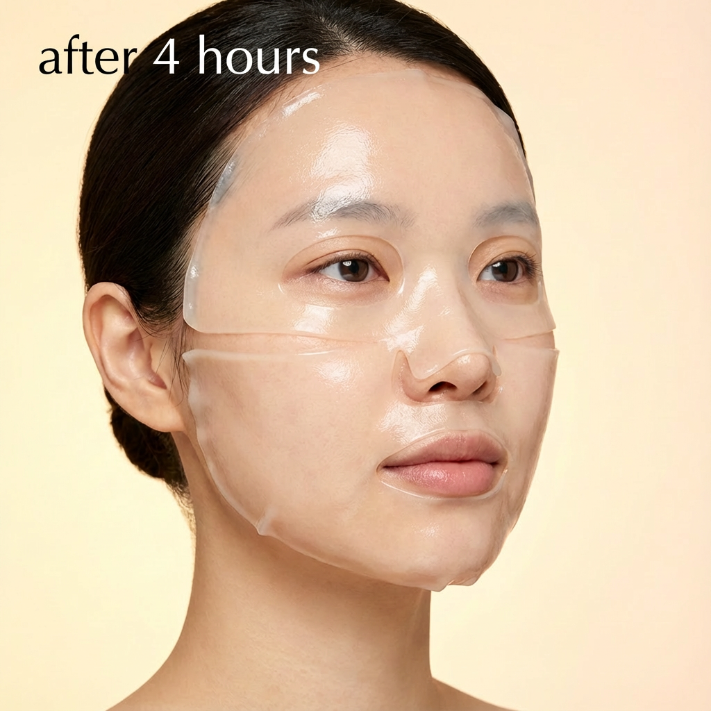 Person wearing Biodance bio collagen sheet mask after four hours with transparent gel finish
