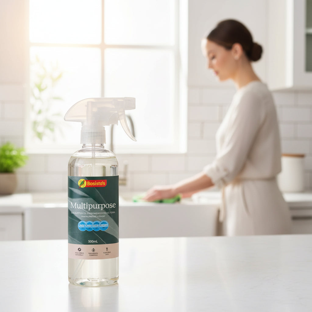 Bosisto’s multipurpose cleaner on kitchen bench during everyday surface cleaning