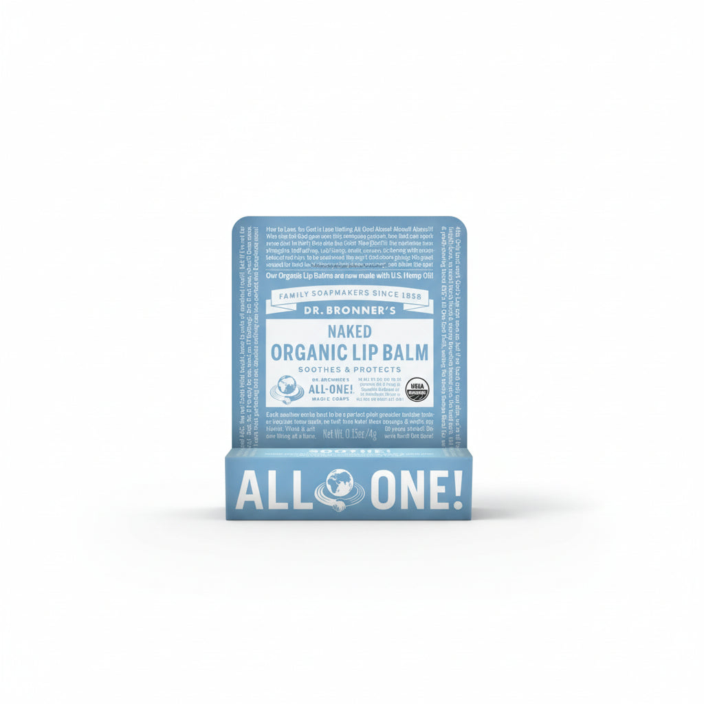 Dr Bronner’s Naked Organic Lip Balm packaging fragrance free organic lip care