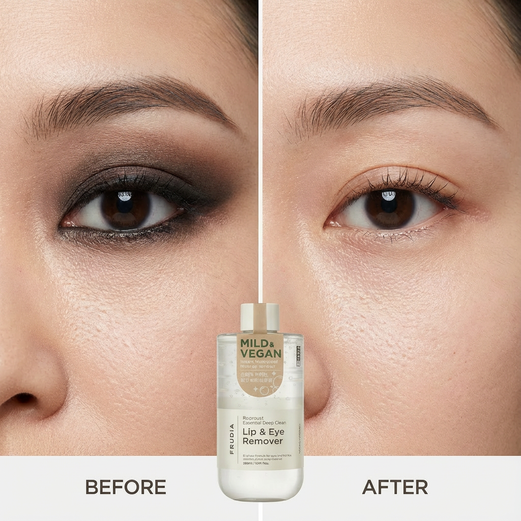 Before and after eye makeup removal showing Frudia Lip and Eye Remover gently removing eye makeup