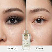 Before and after eye makeup removal showing Frudia Lip and Eye Remover gently removing eye makeup