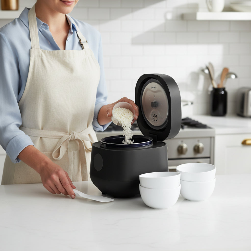 GreenLife Go Grains rice cooker adding uncooked rice before cooking