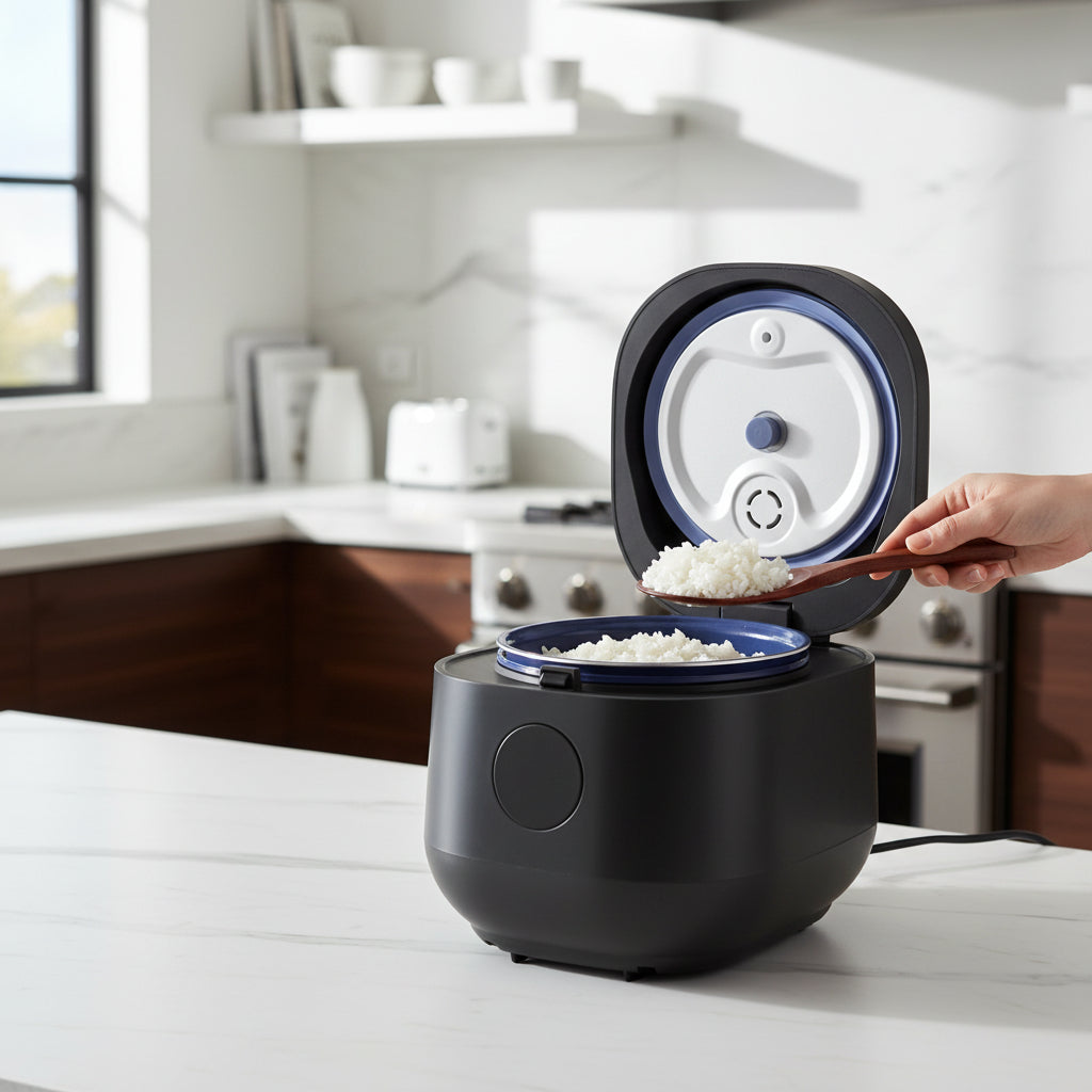 GreenLife Go Grains rice cooker with cooked white rice in clean kitchen