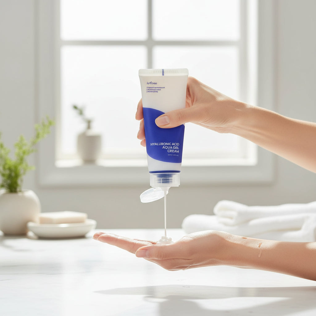 Isntree Hyaluronic Acid Aqua Gel Cream applied to hand in bright bathroom setting