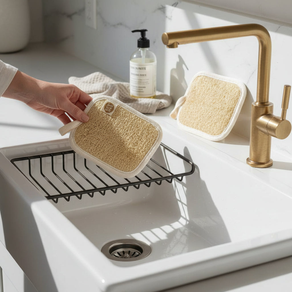 Natural loofah scouring pad used at kitchen sink for plastic free dish cleaning