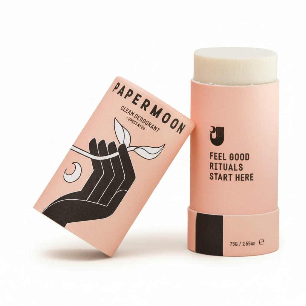 Papermoon unscented clean deodorant stick with outer packaging on white background