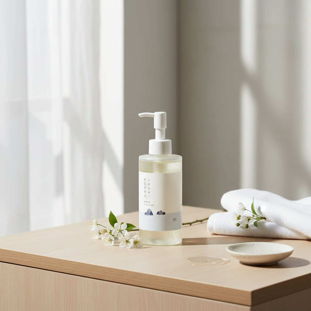 Round Lab 1025 Dokdo Cleansing Oil 200ml on wooden bathroom surface with towel and soft natural light