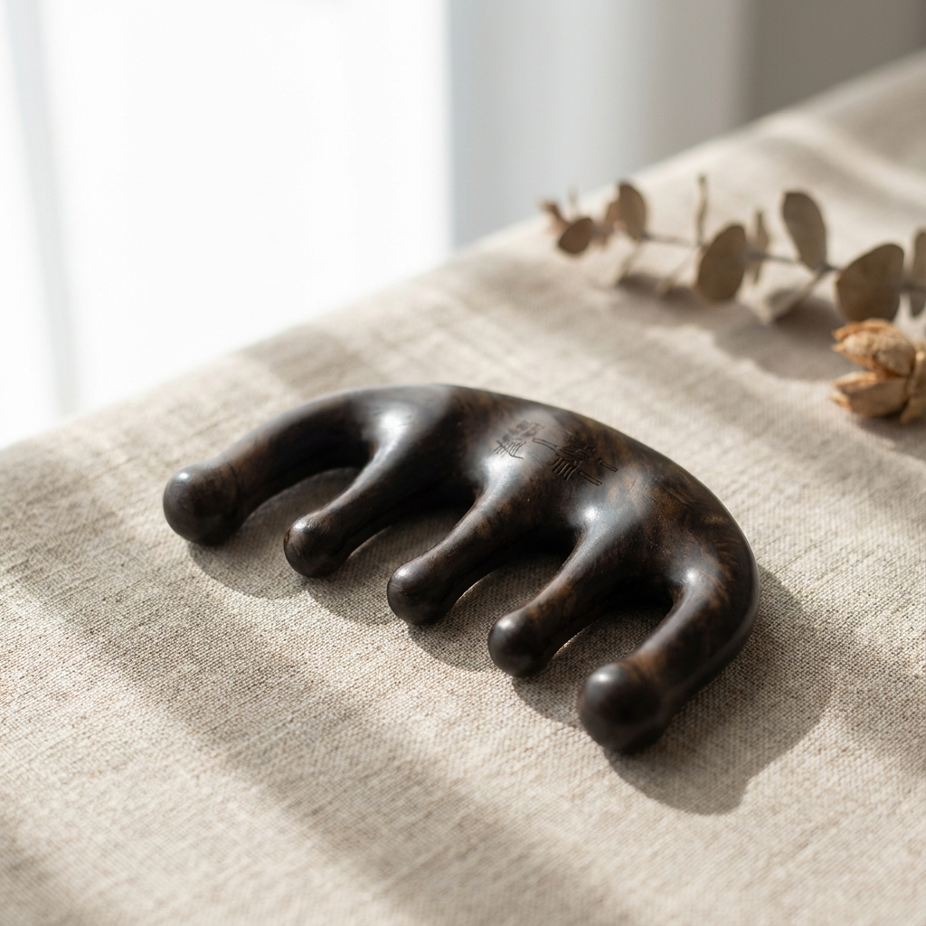 Black sandalwood scalp and neck massage comb on natural linen background