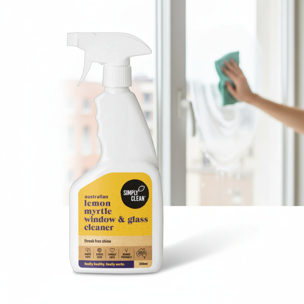 Simply Clean Australian lemon myrtle window and glass cleaner used on window for streak-free clean