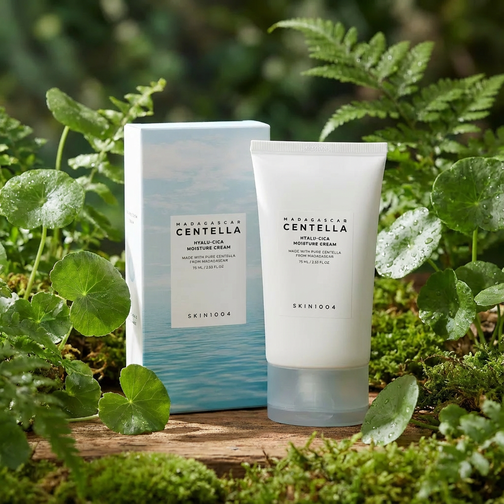 SKIN1004 Centella Hyalu-Cica Moisture Cream with box placed among green leaves outdoors